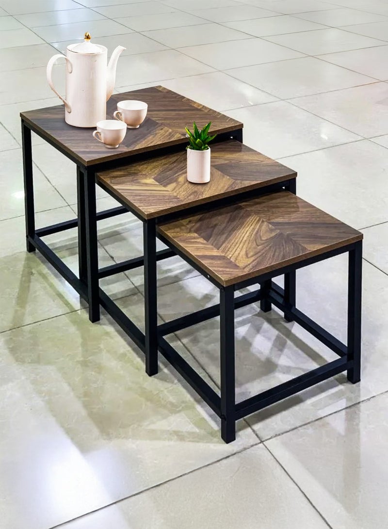 DBLEW 3 Pieces Square Nesting Side Table Set Minimalist Stackable Coffee Tables Wood Top Accent Tables Industrial End Tables Bedside Desk For Home Office Living Room Hall And Small Spaces Sofa Centre Teapoy Table Dark Walnut - Image 1